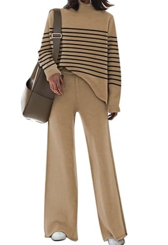 AOHITE Women's Long Sleeve Knit Top & Wide Leg Sweatpants Outfit Set