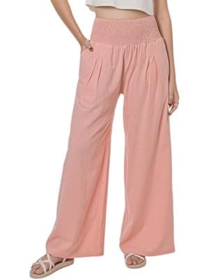 LOFBAZ Women's Summer High Waisted Boho Flowy Cotton Linen Palazzo Pants with Pockets