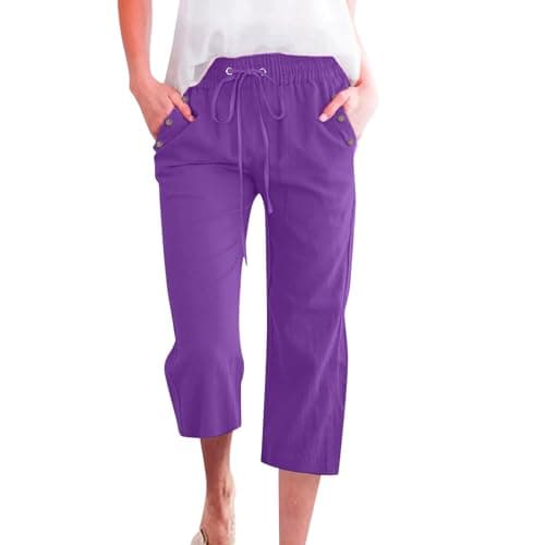 Nantdog Women's High-Waisted Drawstring Linen Capri Trousers