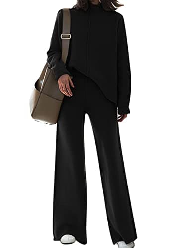 Fixmatti Women's Knit Sweatsuit with Turtleneck Top and Wide Leg Pants