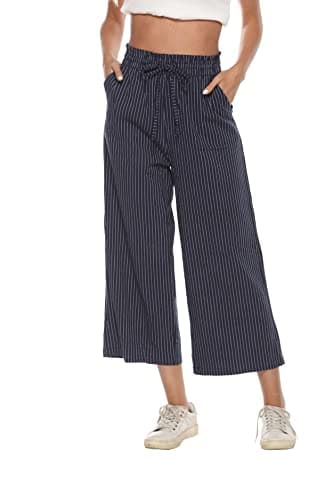 Womens Wide Leg Linen Pants High Waisted Drawstring Beach Leisurepants with Pockets