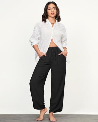 GRAPENT High-Waisted Wide Leg Linen Pants for Women Summer Crop Pants with Pockets