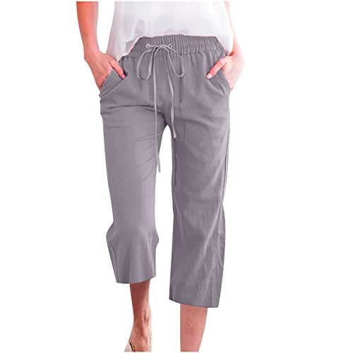 Nantdog Women's High-Waisted Drawstring Linen Capri Trousers