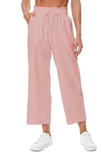 Womens Wide Leg Linen Pants High Waisted Drawstring Beach Leisurepants with Pockets
