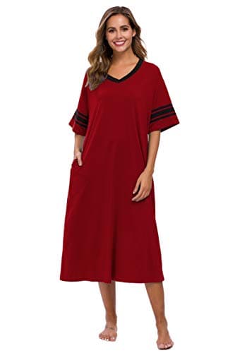 Vslarh Women's Soft V-Neck Knit Nightgown with Pockets S-XXL