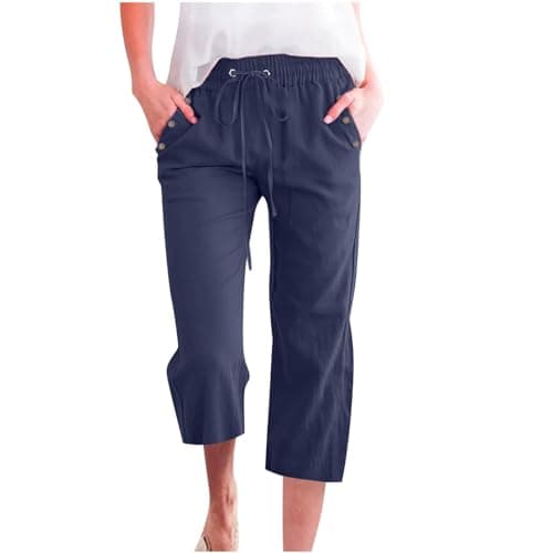 Nantdog Women's High-Waisted Drawstring Linen Capri Trousers