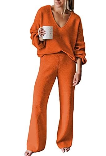 AOHITE Women's Casual V-Neck Knit Sweater Set with Wide Leg Pants