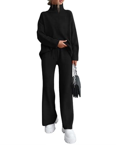 Dowerme Women's High Neck Chunky Knit SetWide Leg Pant Loungeewear Set