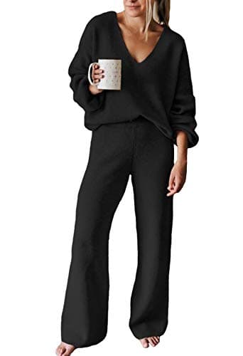AOHITE Women's Casual V-Neck Knit Sweater Set with Wide Leg Pants