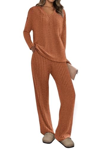 PRETTYGARDEN Women's Long Sleeve V Neck Top & Wide Leg Pants Spring Fall Outfits