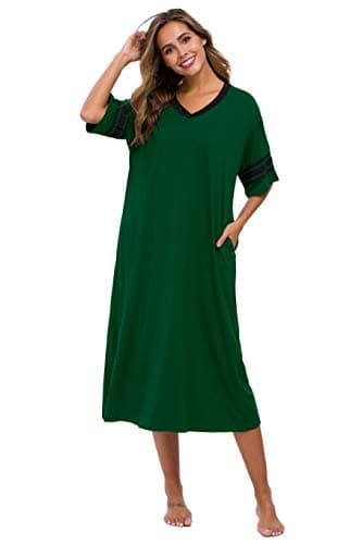 Vslarh Women's Soft V-Neck Knit Nightgown with Pockets S-XXL