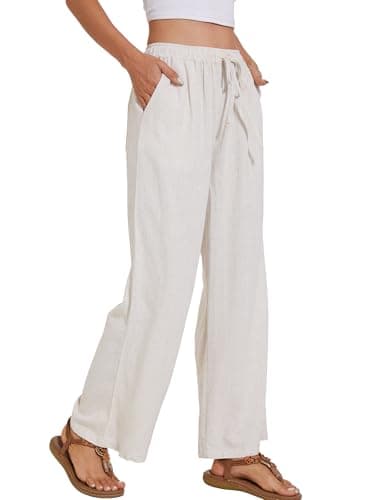 Cizayoi High-Waisted Wide Leg Drawstring Linen Pants for Summer Beach Casual Wear
