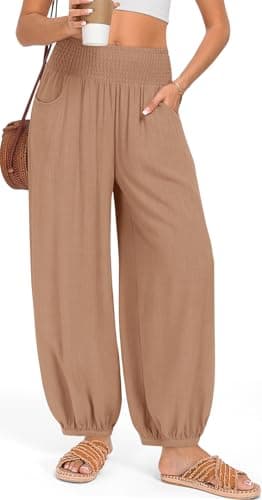 TARSE Womens Linen Wide Leg Beach Pants with Pockets