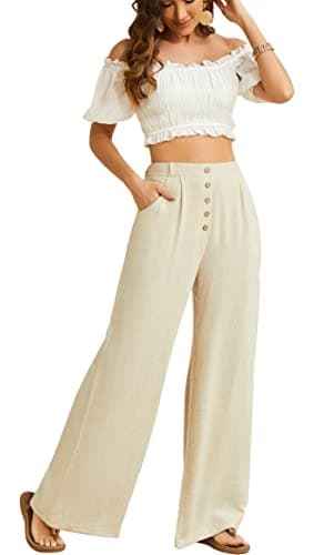 SVALIY Women's High-Waisted Flowy Cotton-Linen Palazzo Pants with Pockets