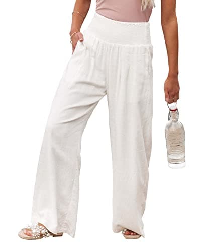 Chouuya Women's Smocked High-Waisted Cotton Linen Palazzo Pants Wide Leg with Pockets