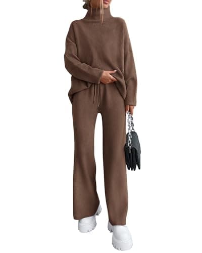 Dowerme Women's High Neck Chunky Knit SetWide Leg Pant Loungeewear Set