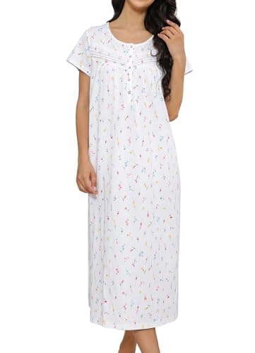 Women's Cotton Nightgown Short Sleeve Soft Comfy Button Loungewear