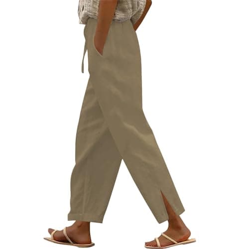 High Waisted Elastic Drawstring Linen Pants for Women Beach Casual Wide Leg Pockets