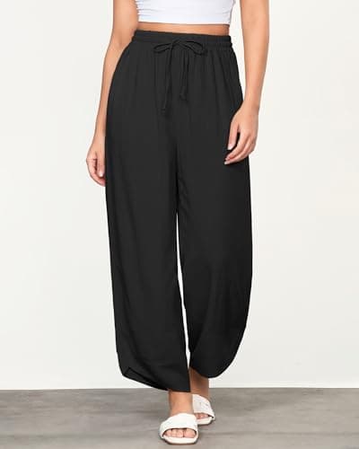 GRAPENT High-Waisted Wide Leg Linen Pants for Women Summer Crop Pants with Pockets