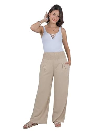 LOFBAZ Women's Linen Palazzo Wide Leg Pants with Pockets