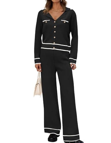 ZESICA Women's Fall Long Sleeve Knit Set V-Neck Sweater & Wide Leg Pants