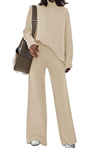 Fixmatti Women's Knit Sweatsuit with Turtleneck Top and Wide Leg Pants