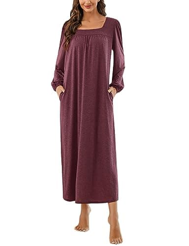 Marvmys Women's Long Sleeve Cotton Nightgown with Pocket S-XXL