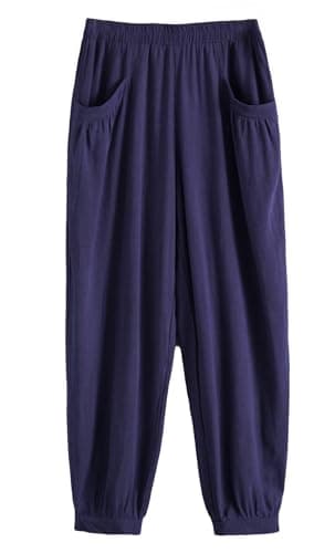Minibee Women's Cotton Linen Tapered Crop Pants Elastic Waist
