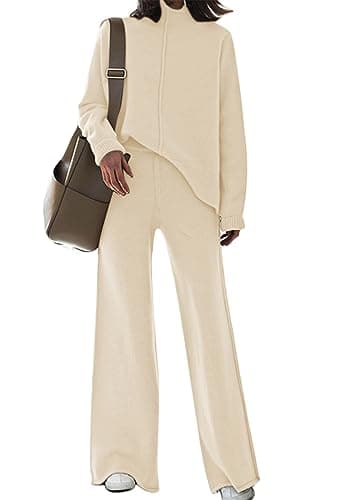 AOHITE Women's Long Sleeve Knit Top & Wide Leg Sweatpants Outfit Set