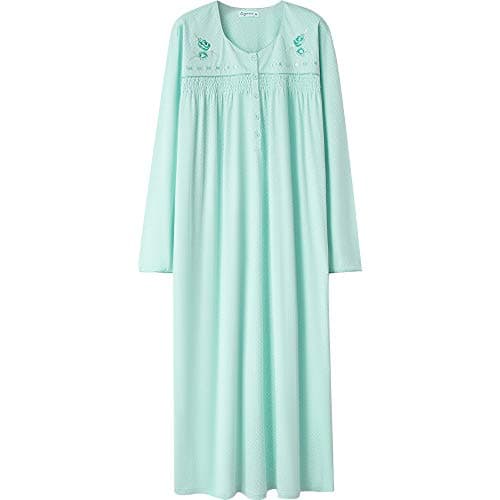 Soft Cotton Embroidered Long-Sleeve Nightdress for Women by Keyocean