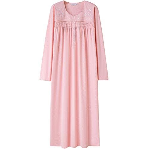 Soft Cotton Embroidered Long-Sleeve Nightdress for Women by Keyocean