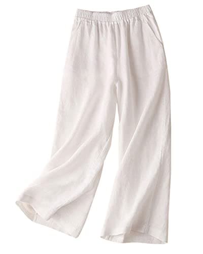 Aeneontrue Women's 100% Linen Wide Leg Flowy Palazzo Trousers with Pockets