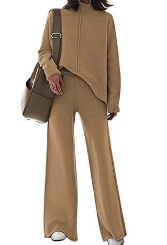 AOHITE Women's Long Sleeve Knit Top & Wide Leg Sweatpants Outfit Set