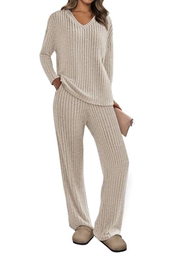 PRETTYGARDEN Women's Long Sleeve V Neck Top & Wide Leg Pants Spring Fall Outfits
