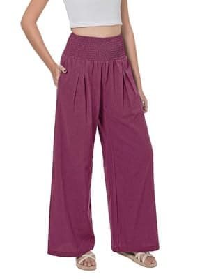 LOFBAZ Women's Summer High Waisted Boho Flowy Cotton Linen Palazzo Pants with Pockets