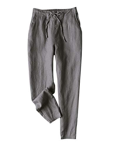 IXIMO Women's 100% Linen Tapered Pants with Drawstring Back Elastic Waist