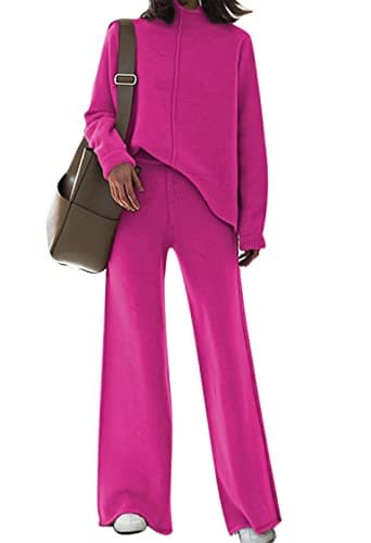 Fixmatti Women's Knit Sweatsuit with Turtleneck Top and Wide Leg Pants