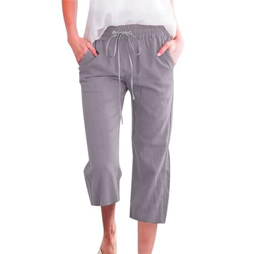 Nantdog Women's High-Waisted Drawstring Linen Capri Trousers