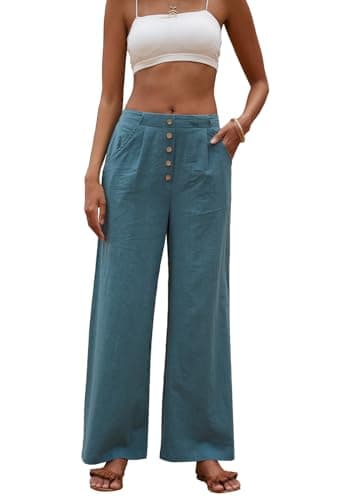 SVALIY Women's High-Waisted Flowy Cotton-Linen Palazzo Pants with Pockets