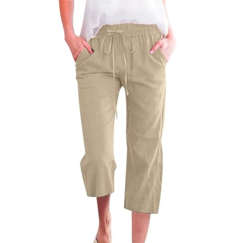 Nantdog Women's High-Waisted Drawstring Linen Capri Trousers