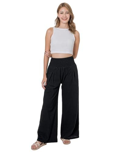 LOFBAZ Women's Summer High Waisted Boho Flowy Cotton Linen Palazzo Pants with Pockets