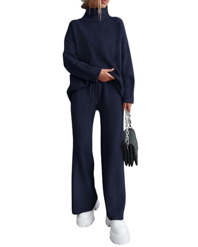 Dowerme Women's High Neck Chunky Knit SetWide Leg Pant Loungeewear Set