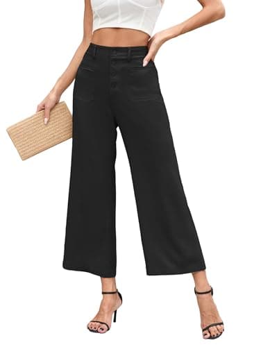 Famulily Women's Linen Button Down Wide Leg Cropped Pants with Pockets
