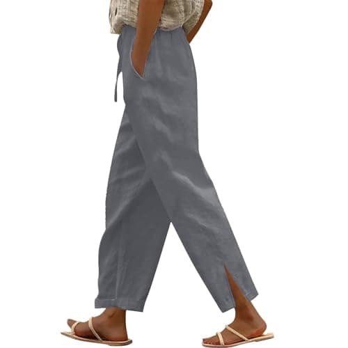High Waisted Elastic Drawstring Linen Pants for Women Beach Casual Wide Leg Pockets