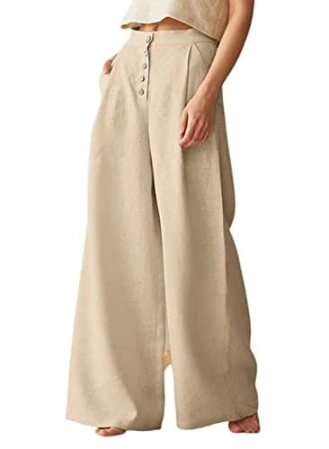 Chouyatou Women's Summer High Waisted Cotton Linen Palazzo Pants with Pockets