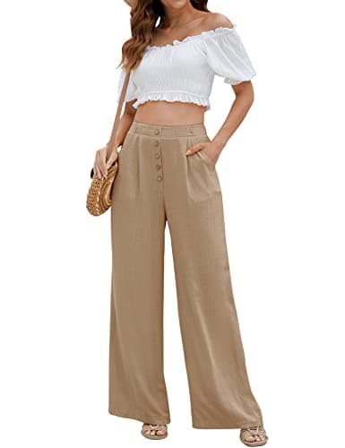 SVALIY Women's High-Waisted Flowy Cotton-Linen Palazzo Pants with Pockets