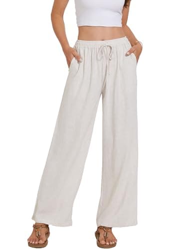 Cizayoi High-Waisted Wide Leg Drawstring Linen Pants for Summer Beach Casual Wear