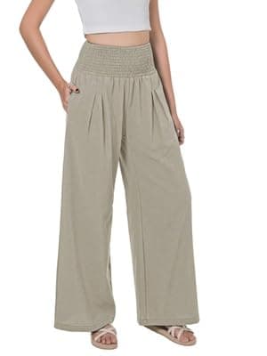 LOFBAZ Women's Summer High Waisted Boho Flowy Cotton Linen Palazzo Pants with Pockets