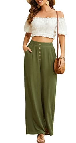 SVALIY Women's High-Waisted Flowy Cotton-Linen Palazzo Pants with Pockets
