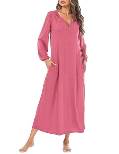 Marvmys Women's Cotton Long Sleeve Nightgown with Pockets